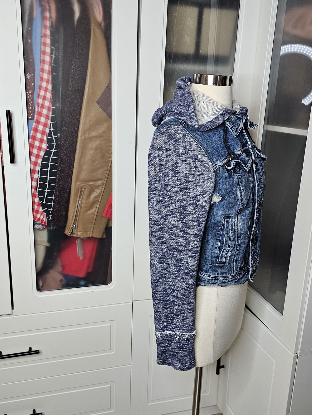 Free People Denim Hooded Jacket with Knit Sleeves - Blue - Picture 2 of 8